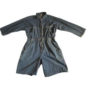 Vintage Dreams Denim Romper Long Sleeve Button Up Elastic Waist Blue Medium